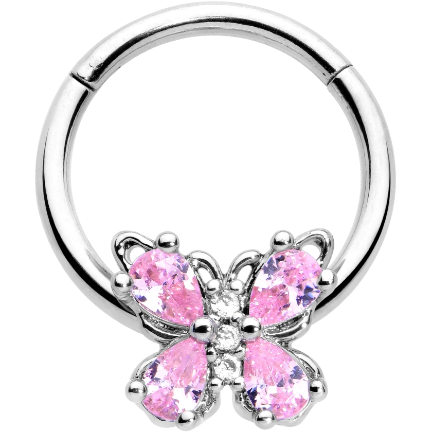 16 Gauge 3/8 Pink Gem Baroque Beauty Butterfly Hinged Segment Ring