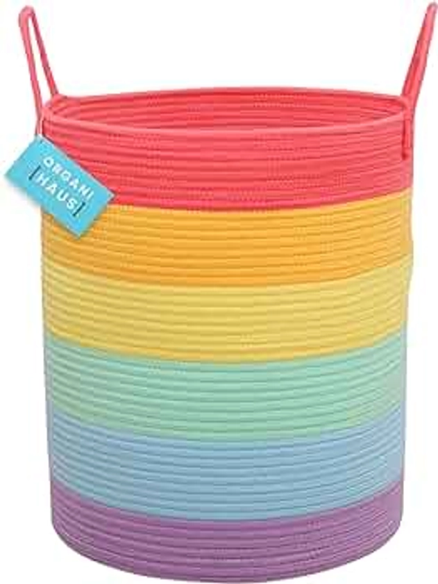 OrganiHaus Rainbow Basket | Extra Large Cotton Rope Storage Basket w/Handles 38x45cm Colorful Room Decor Kids Toy Storage Baskets | Rainbow Basket for Nursery Playroom Classroom Organization