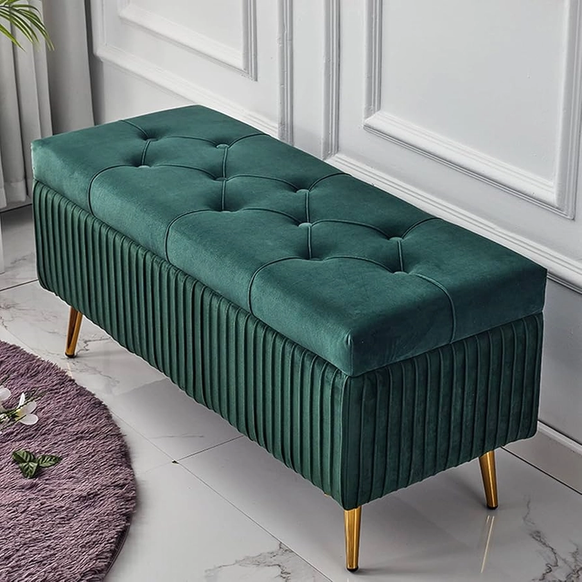 Amazon.co.jp: Rectangle Velvet Storage Ottoman,Large Capacity Upholstery Footrest,Space-Saving Shoe Change Stool for Living Room Home Office Storage-Green 60x40x45cm(24x16x18inch) : Home & Kitchen