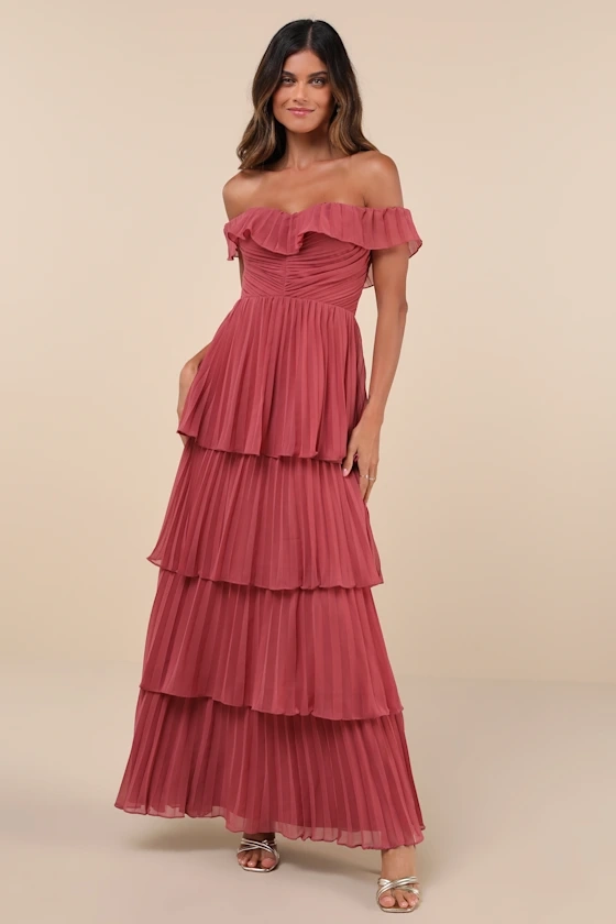 Always Remarkable Rusty Rose Pleated Off-the-Shoulder Maxi Dress