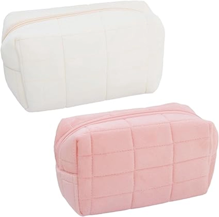 Lot de 2 sacs à cosmétiques à carreaux en peluche, sac de soins de la peau, sac de toilette, portable, convient pour le rangement des cosmétiques (rose, blanc), Rose/blanc, 16*9*10cm, mignon