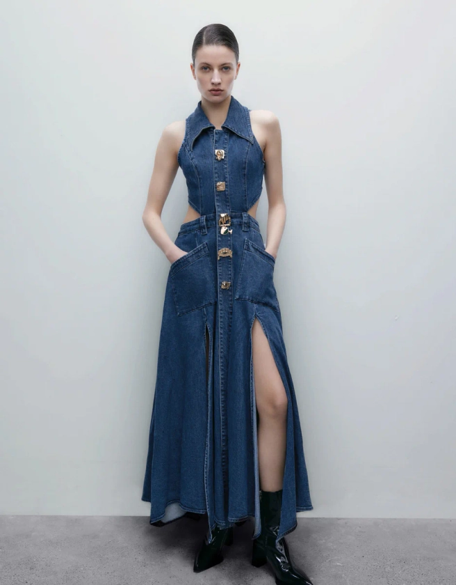 Cut-Out Sleeveless Lapel Denim Dress