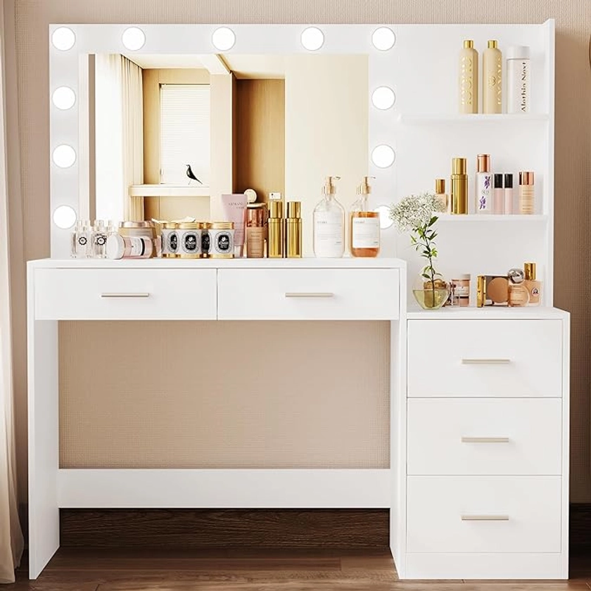 Rovaurx 46.7" Makeup Vanity Table with Lighted Mirror, Large Vanity Desk with Storage Shelf & 5 Drawers, Bedroom Dressing Table, 11 LED Lights, White RSZT106W