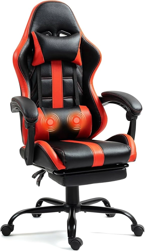 Massage Gaming Chair with Footrest, Ergonomic PU Leather Computer Chair w/Headrest and Lumbar, Height Adjustable, 360° Swivel Desk Office Chair, Red