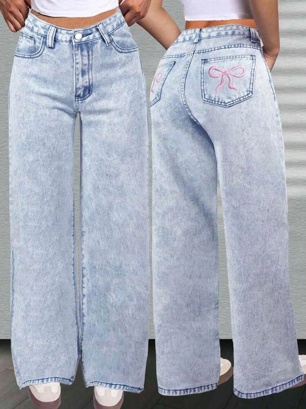 Pantalon en jean à jambes larges, coupe ample, imprimé papillon pour adolescentes