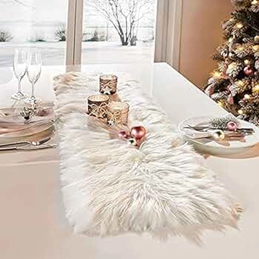 Table Runner, Thanksgiving Modern Small White Fur Table Runners for Party Birthday Christmas Friendsgiving Wedding Dinning Table, Decorative Rug Luxury Faux Fur Runner for Table(11.8x47.2inch)
