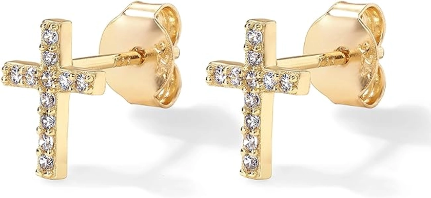 PAVOI 14K Gold Plated Girls Sterling Silver Earrings | Pave CZ Gold Cross Earrings for Women