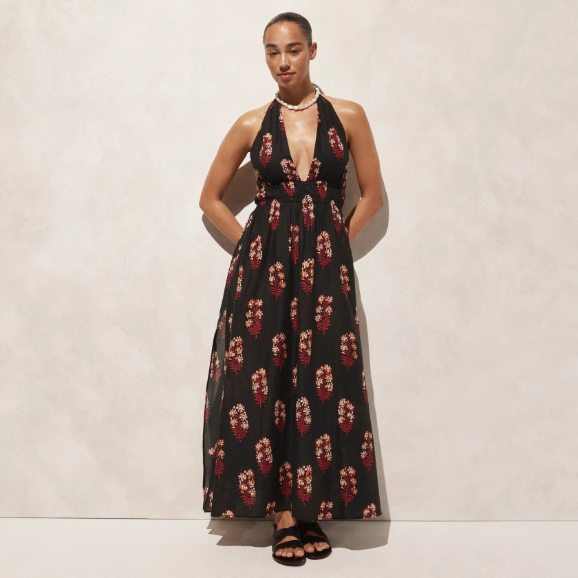 Halter maxi dress in cocoa block print cotton voile