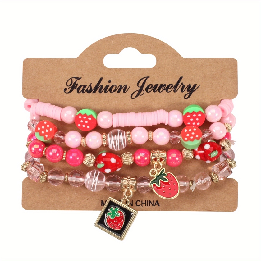 Strawberry Pendant * Beads Multilayer Stretch Bracelet Cute Fruit Design Hand Decoration Gift For Women