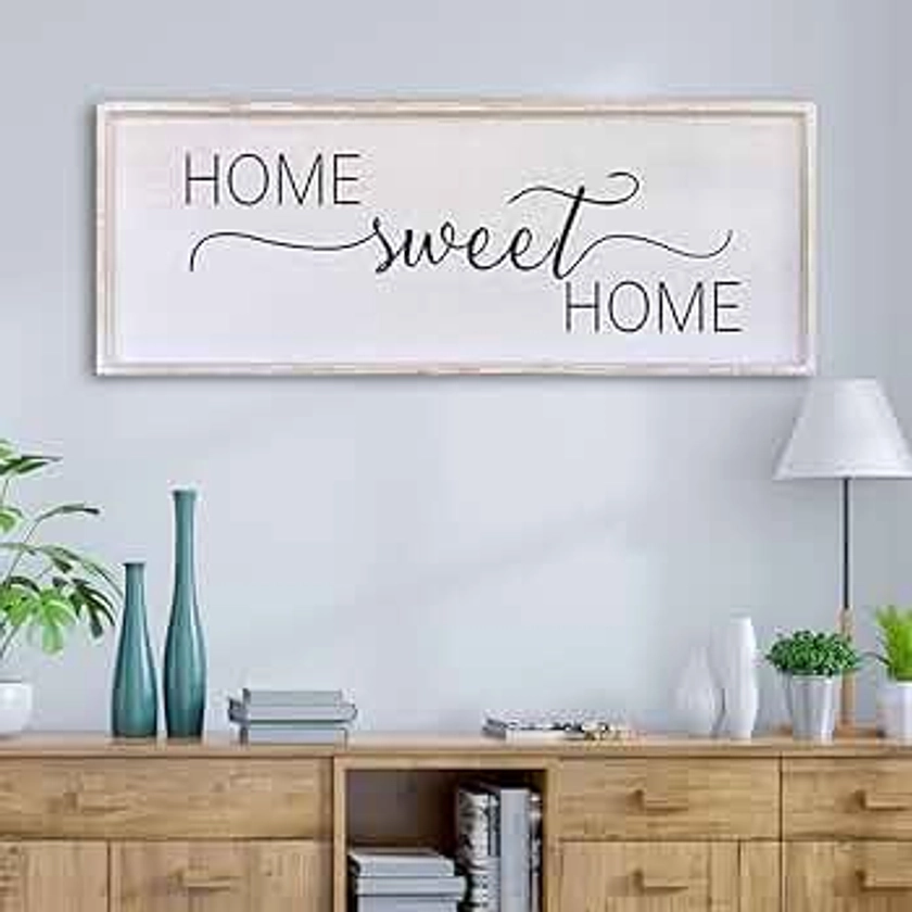 Home Sweet Home Sign Wall Decor 32”X12” Master Family Room Above Bed Beautiful Living Room Above Couch Sign Large Rustic Farmhouse Wood Framed Entryway Hanging Wall Art Decoration (White)