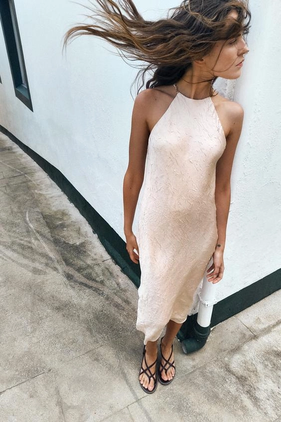 CREASED-EFFECT BEADED MIDI DRESS