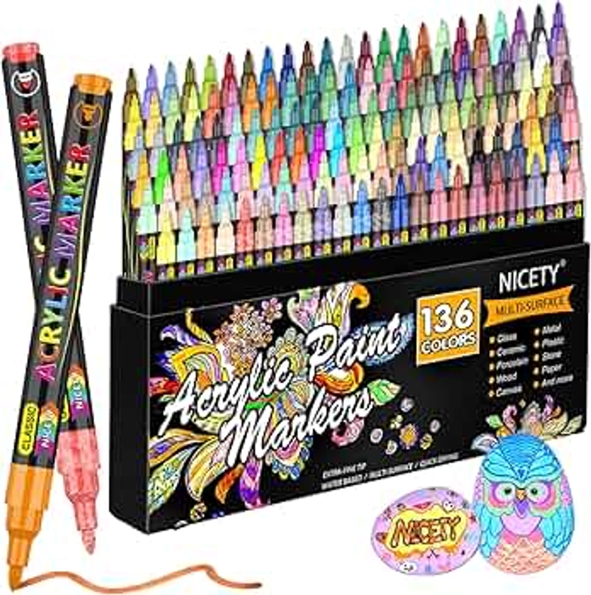 NICETY 136 Feutre Acrylique Peinture stylo - marqueur peinture acrylique Verre pour Bois, Toile, Verre, Céramique - Acrylic Paint Marker à base d'eau à 0,7 mm Extra Pointe Fine