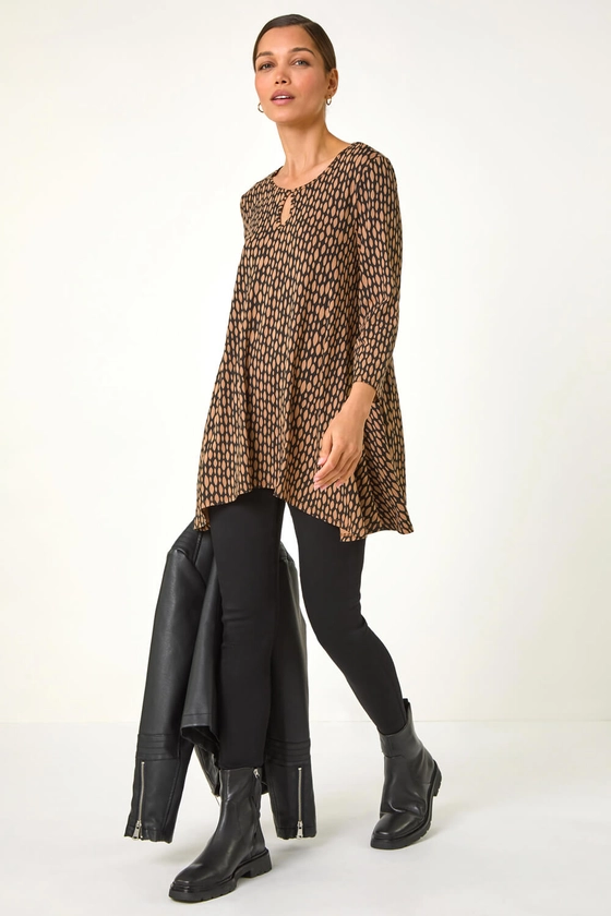 Tan Abstract Linear Print Cutout Tunic Top | Roman UK