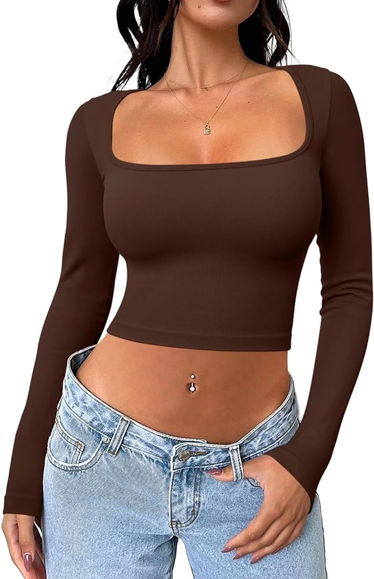 Meyeeka Women's Sexy Long Sleeve Crop top Seamless Square Neck Trendy T Shirt Tops