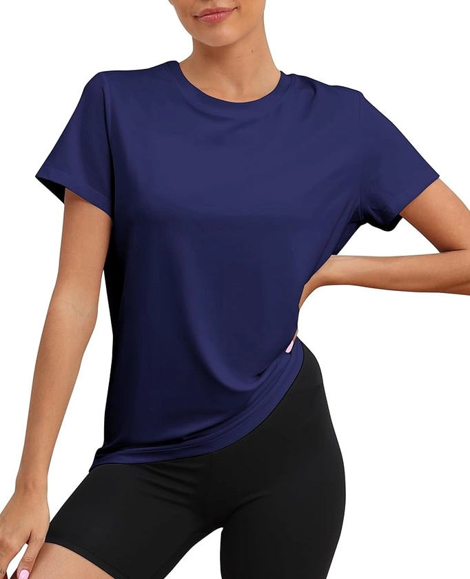 Amazon.com: KevaMolly Navy Blue Workout Tops for Women UPF50+ Breathable Loose Fit Yoga T Shirts Short Sleeve Running Gym Athletic Tee Top S : Clothing, Shoes & Jewelry