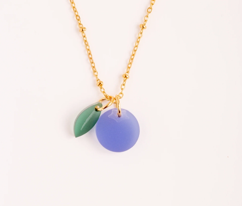 Necklace with blueberry and leaf pendant