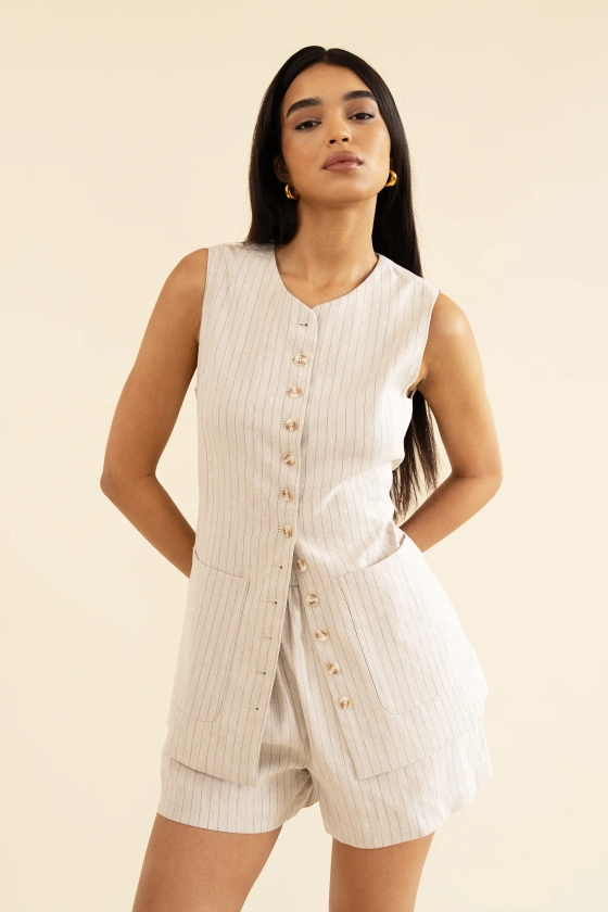 AVA WAISTCOAT - OAT PINSTRIPE