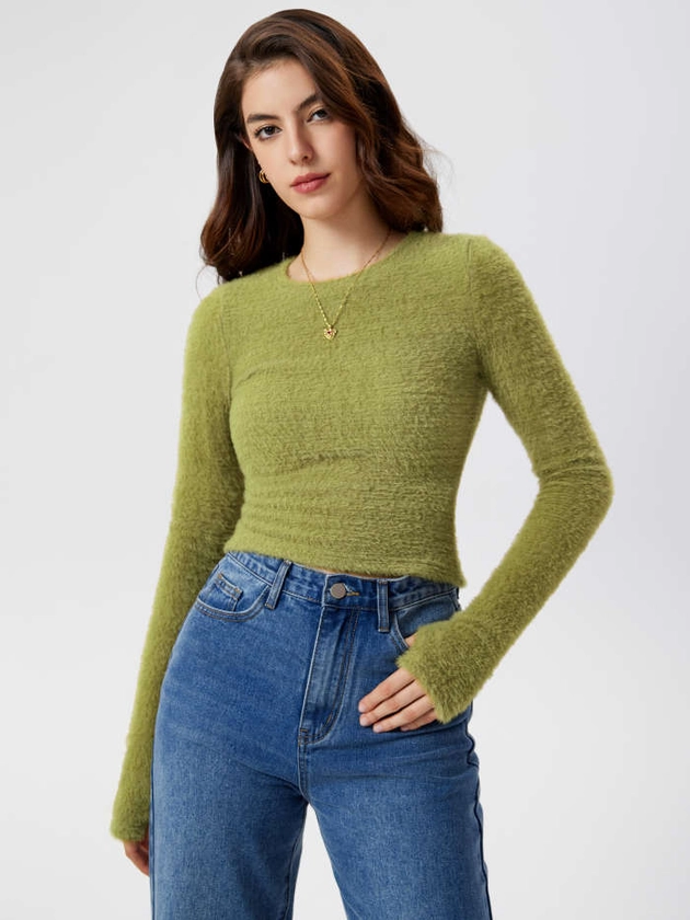 Fuzzy Round Neckline Thumb Hole Solid Long Sleeve Top