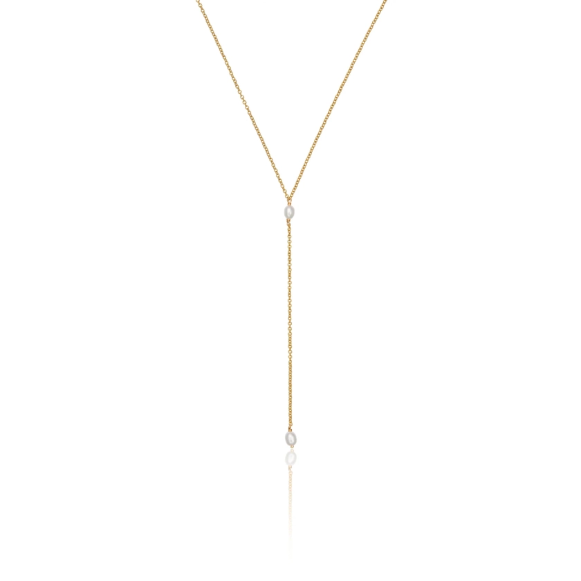 Gold Double Seed Pearl Lariat Necklace