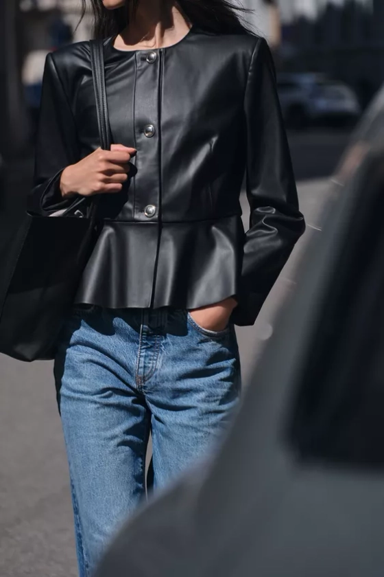 FAUX LEATHER PEPLUM JACKET