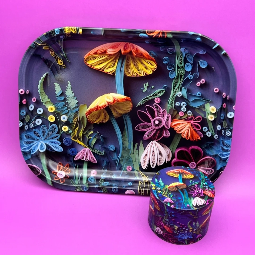 Rolling Tray and Grinder Set, 3D Floral Mushrooms Kit with Gift Box