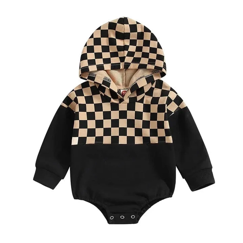 Long Sleeve Hooded Checkered Baby Romper