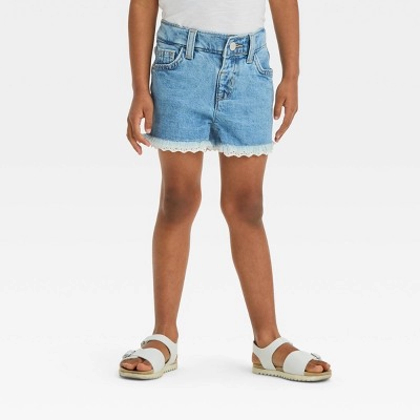 Toddler Girls' Lace Cut-Off Jean Shorts - Cat & Jack™ Blue 4T: Fringed Hem, Adjustable Waistband, Stretch Denim