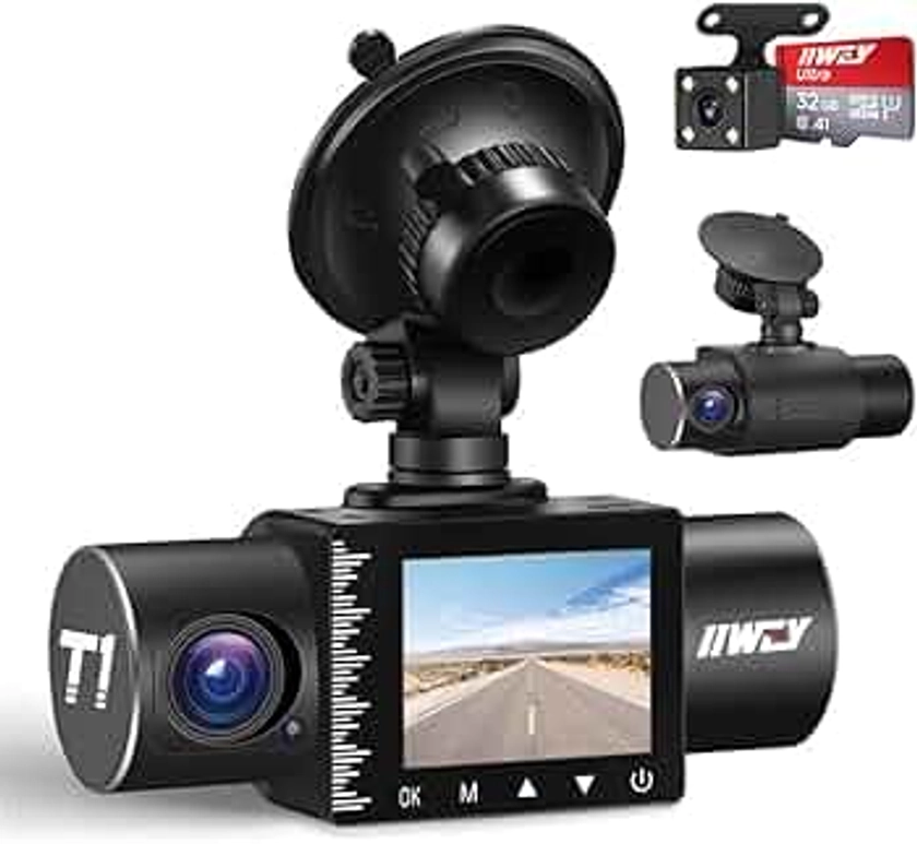 iiwey Dash Cam Front Rear and Inside Three Channels 1080P with IR Night Vision, Car Camera SD card included, Dashboard Camera Dashcam for Cars 170 Wide Angles, HDR, Motion Detection and G-sensor