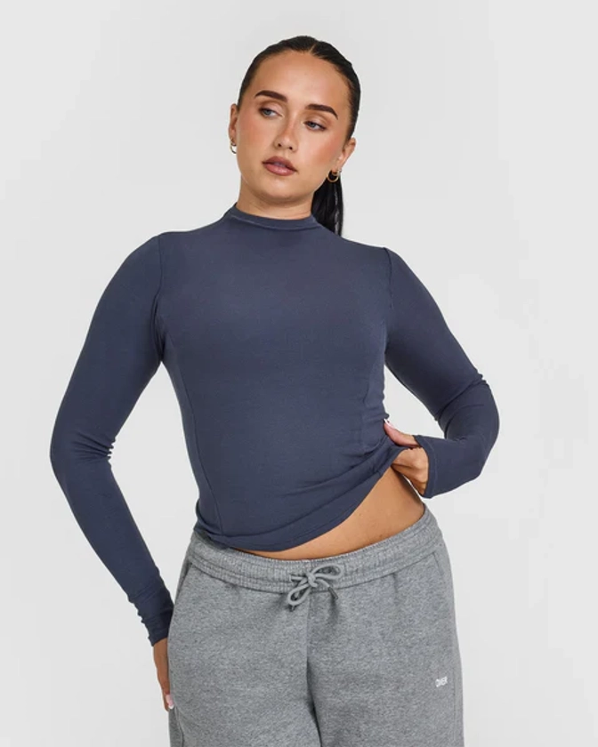 Mellow Rib Mock Neck Long Sleeve Top | True Blue