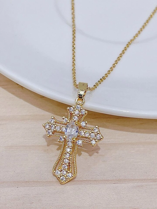 Cubic Zirconia Cross Charm Necklace