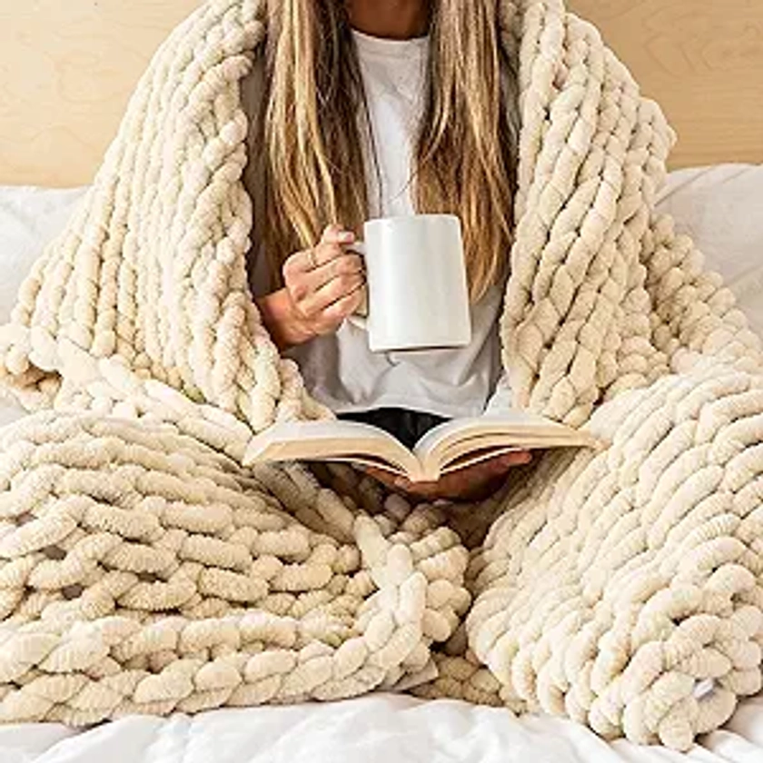 SAMIAH LUXE Beige Chunky Knit Blanket Throw 50x70, Big Knitted Throw Blanket for Couch, Chunky Knit Throw Blanket, Crochet Blanket Using Chunky Blanket Yarn, King Size Bed Throw Blanket,Woven Blanket