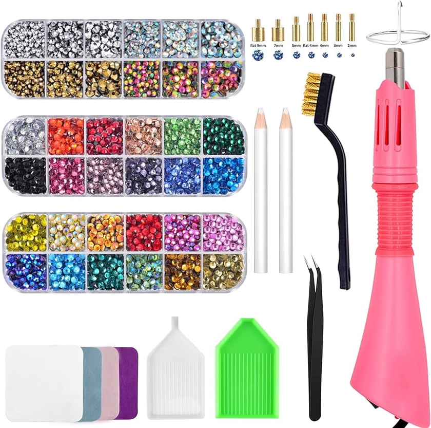 Bedazzler Kit with Rhinestones, Hot Fixed Gems Craft Applicator - Diamond Painting Pen, Wax Pencil, Tweezers, Tray, Cleaning Brush & Cloth, 28 Colors Rhinestones Crystals for DIY Clothes Shoes