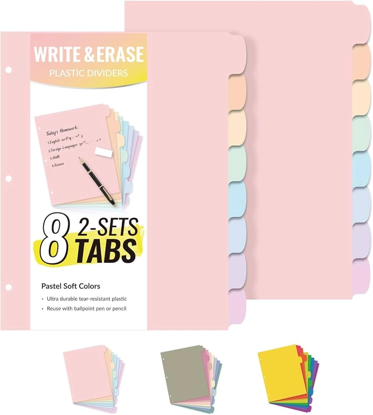 Sooez 8-Tab Durable Plastic Write & Erase Big Tab Dividers for 3 Ring Binder, Aesthetic Cute Pastel Binder Dividers for Student, Teacher, Office, Home Organizers, 2 Sets, Pastel