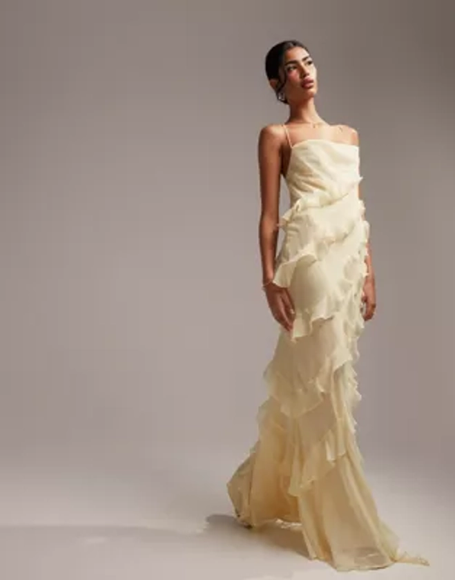 ASOS DESIGN Bridesmaids ruffle cami bias maxi dress in yellow | ASOS
