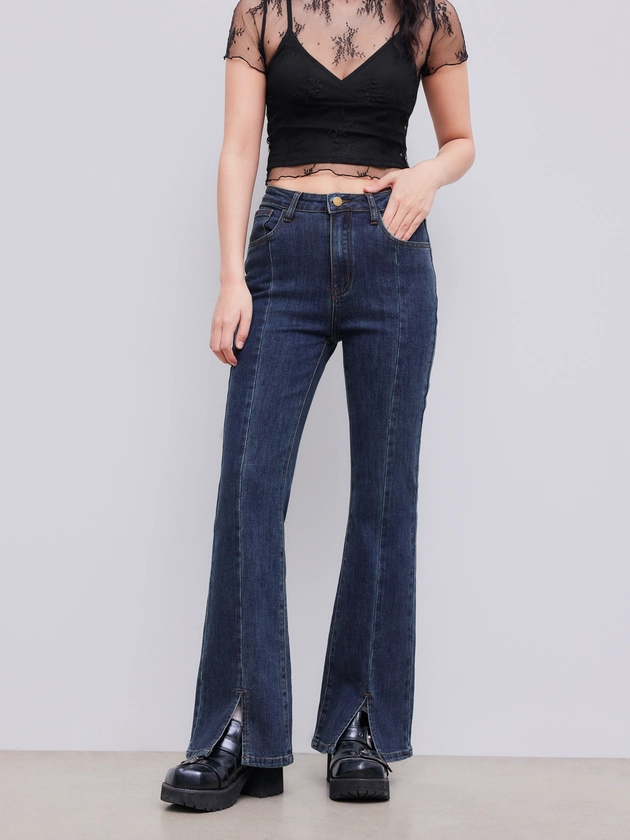 High Stretch Denim High Waist Solid Flared Jeans