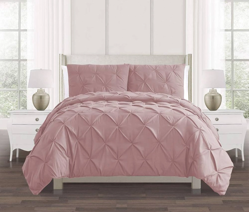 Diamond Pinch Pleat Pintuck Duvet Cover Set 100% Cotton Percale Quilt Covers Bedding Bed Sets Single Double King Super King with Pillow Cases (Pink, Double)