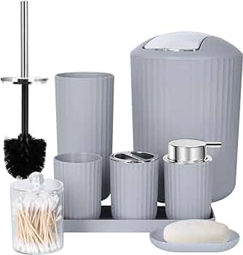 FEILANDUO Bathroom Accessories Sets Complete, 8 Pcs Bathroom Accessory Set with Trash Can, Soap Dispenser, Soap Dish, Toothbrush Holder, Toothbrush Cup, Toilet Brush and Qtip Holders,Vanity Tray,Gray