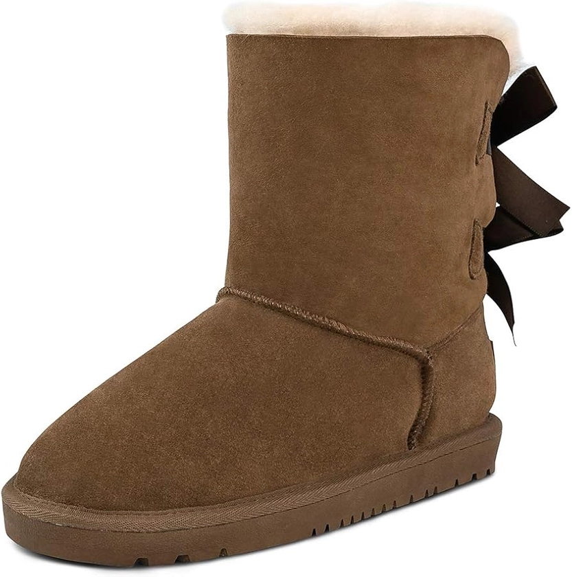 Amazon.com | TF STAR Sheepskin Fur Lining Winter Warm Boots for Women & Ladies, Women's Mid Calf Leather Short Fashion Bow Snow Boots tan 6 | Mid-Calf