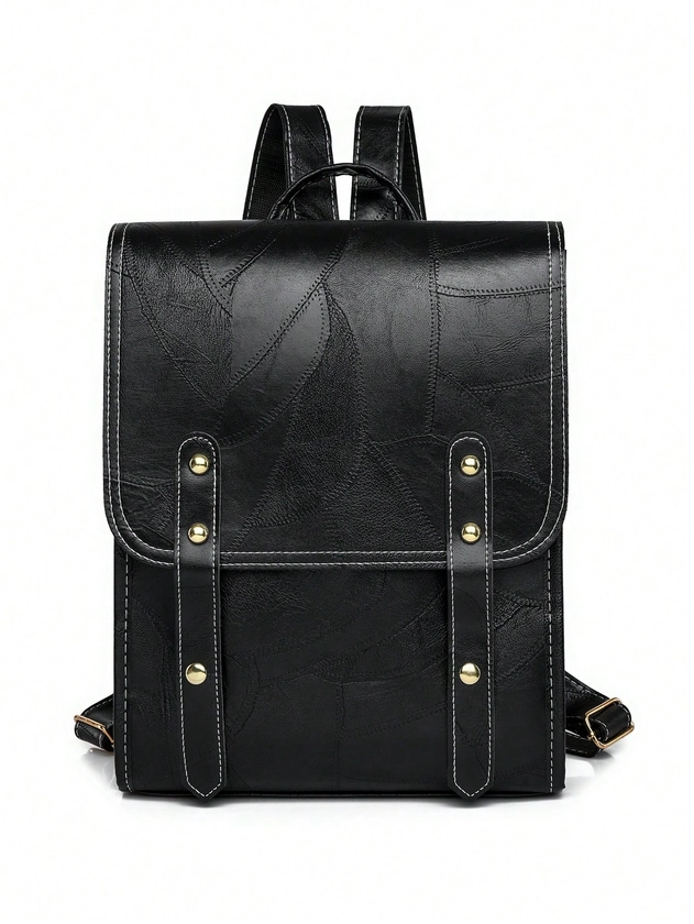 Black Retro Flap Cover Double Shoulder Backpack