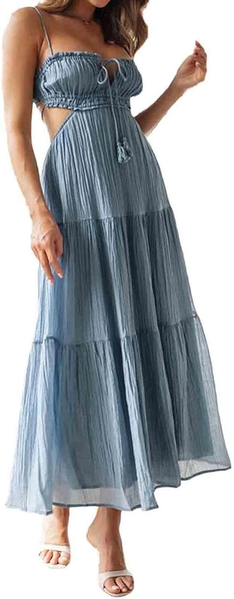 Amazon.com: Women Y2k Bodycon Long Dress Spaghetti Strap Cutout Maxi Dress Sexy Backless Dress Clubwear Blue S : Clothing, Shoes & Jewelry