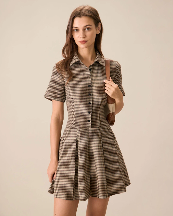 Women's Brown Plaid Lapel Pleated Mini Dress