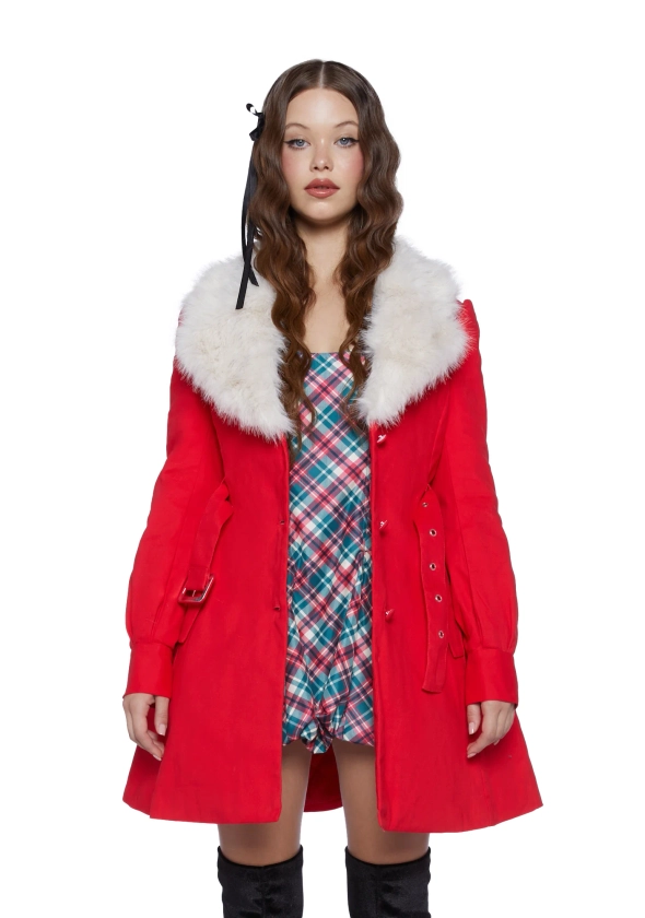 Sugar Thrillz Twill Faux Fur Coat- Red