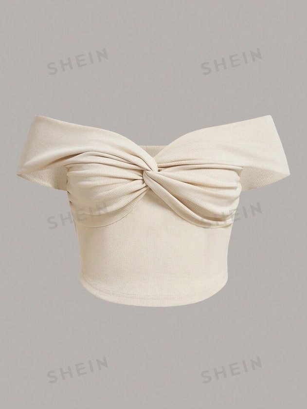 SHEIN MOD Khaki Designed Twist Off Shoulder Short-Sleeve Plus Size Women's Top, Slim Fit
