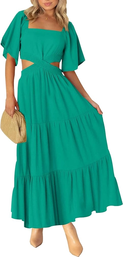 LEANI Women's 2024 Summer Cutout Maxi Dress Square Neck Short Sleeve Crossover Waist Casual Party Dresses
