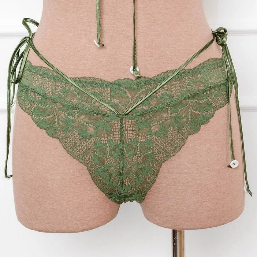 Lacy Crotchless Pom Pom Panty - Sage Green