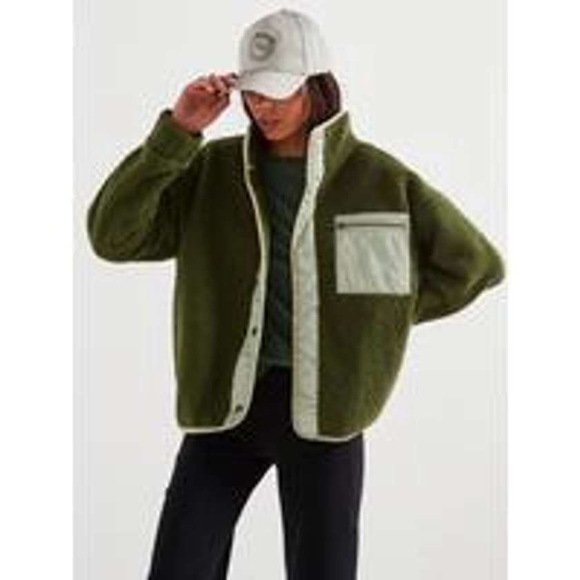 Popper Front Contrast Detail Fleece - Khaki