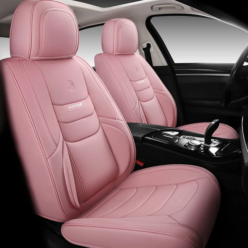 Full Coverage Leather Car Seat Covers Full Set Universal Fit for Most Cars Sedans Trucks SUVs with Waterproof Leatherette in Automotive Seat Cover Accessories (Full Set, Pink)