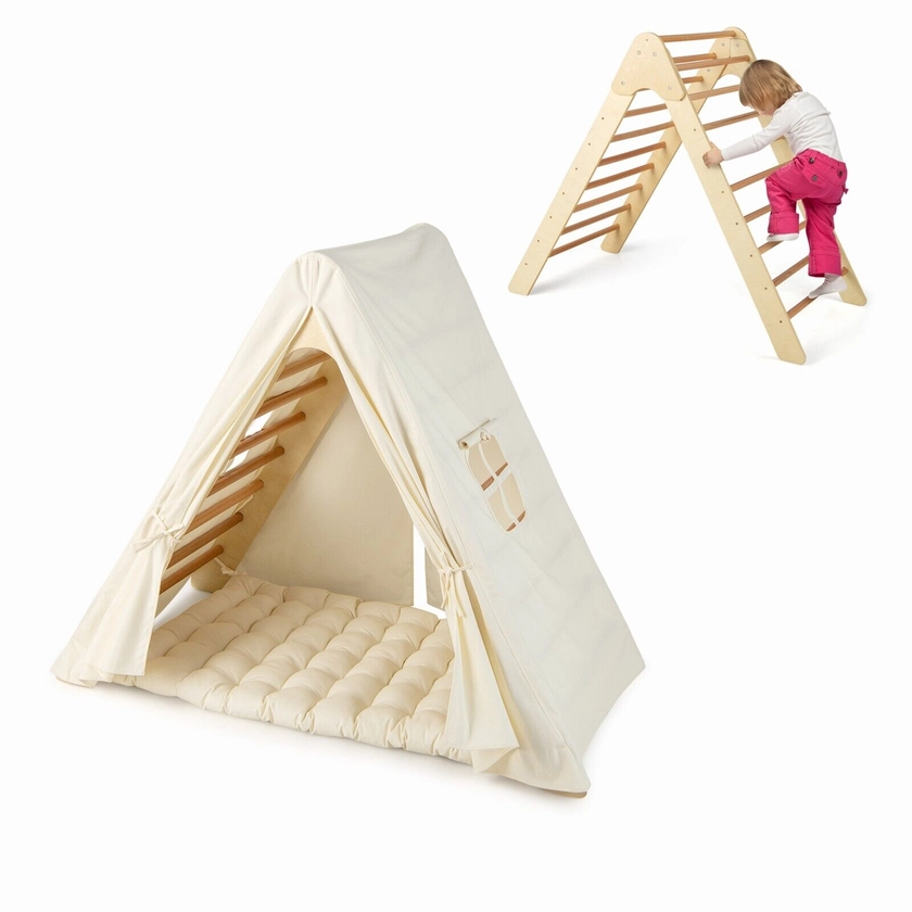 2-in-1 Triangle Climbing Set Kids Wooden Climbing Play Tent with 7cm Thick Pad