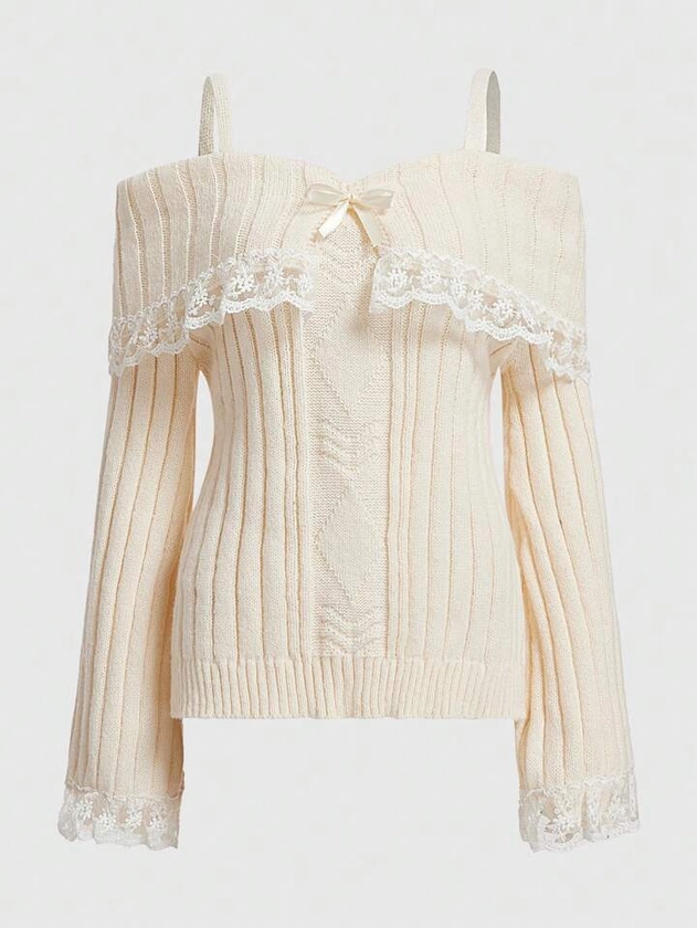 ROMWE Kawaii Contrast Lace Cold Shoulder Sweater