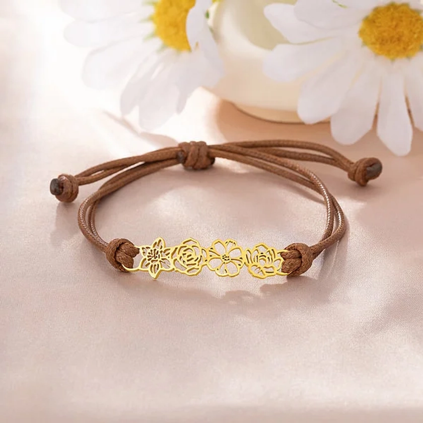 Personalised Minimalist Adjustable 1-8 Birth Flower Leather Bracelet Charm Jewellery Birthday Christmas Gift for Women - CALLIE